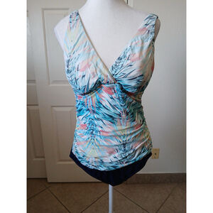 Jantzen Tropical Print One Piece Swimsuit Padded Adjustable Strap Green Black 12